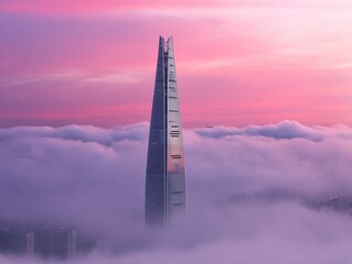 Lotte Tower rising above the clouds with a pink sunset sky in Seoul
