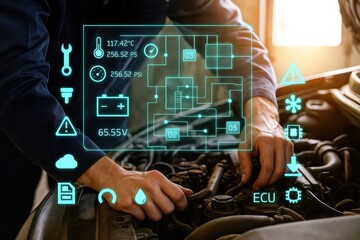 A mechanic inspects a car engine with superimposed diagnostic data, highlighting the use of advanced technology in modern automotive repair.