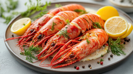 Close Up of Red Cooked Shrimp with Lemon and Dill on a Plate