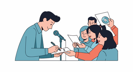 Man signing autographs for excited fans at a public event.