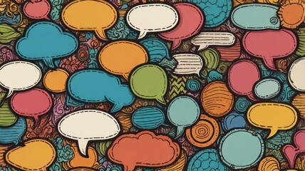 Vibrant Collage of Colorful, Hand-Drawn Speech Bubbles on a Textured Doodle Background