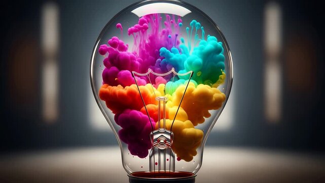 Colorful ink inside a lightbulb, symbolizing creativity and ideas, for websites and presentations