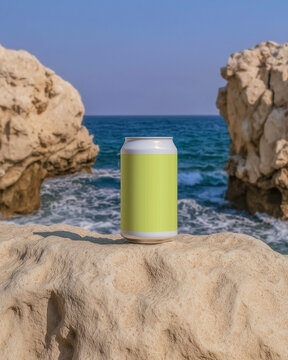 A yellow aluminum can with chilled soda standing among rocks surrounded by waves. Refreshing summer drinks.