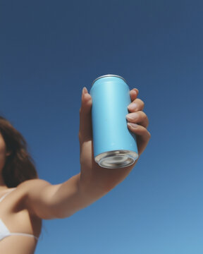 A girl on the beach holding a blue aluminum soda can in her hand against the clear sky. Refreshing drinks.
