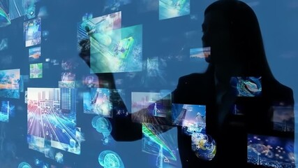 Silhouette of person interacting with a dynamic display of images - Powered by Adobe