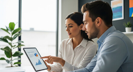 Two young business colleagues analyzing charts and data on a tablet computer in a modern office setting. Represents teamwork, collaboration, and business analysis