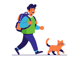 A Walk with Cat and Friend: A joyful person with a backpack strolling with their loyal ginger cat, capturing the essence of companionship and outdoor adventure.