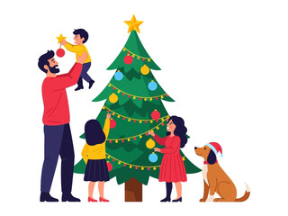 Family Decorating Christmas Tree: A loving family comes together to decorate their Christmas tree, embodying the warmth, joy, and togetherness that define the festive season. 