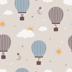 Bear and giraffe flying in hot air balloon. Cute seamless pattern. Pastel color. For wallpaper, fabric, kids apparel, cover book, wrapping print, nursery design and etc © LindaAyu