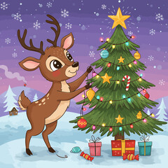Cute reindeer decorating a Christmas tree with colorful ornaments and lights in a snowy landscape