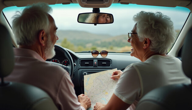 Elderly couple laughing while exploring road map in car during trip
