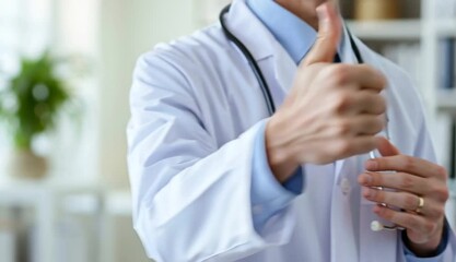 Doctor in white medical coat giving thumbs up gesture, stethoscope around neck, bright medical office background