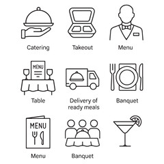 Catering line icon set. Catering service, food, delivery of ready meals, guest service, menu for event, banquet vector