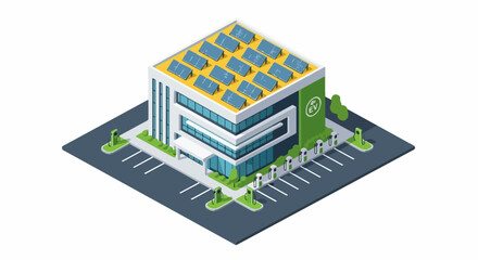 Modern Building with Solar Panels on the Roof and Parking Lot. © Basecamp