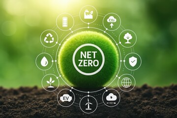 A vibrant green sphere, representing net-zero initiatives, sits atop soil, surrounded by various sustainability icons.