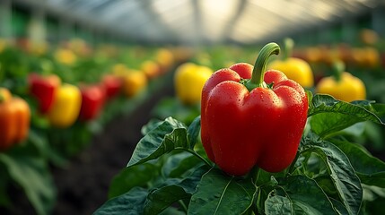 Red and yellow peppers growing in greenhouse