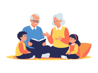 Cozy Storytime: An illustration depicting a heartwarming scene of grandparents engrossed in a book, captivating their grandchildren with stories, creating lasting memories.