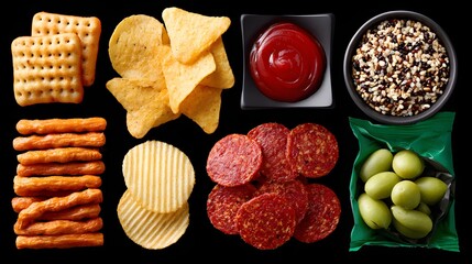 Variety of Snacks Including Chips Crackers Salami Grapes and Dips on Black Background