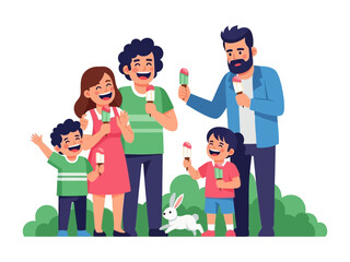 Sweet Moments:  A joyful family scene unfolds as individuals relish ice cream in an animated illustration of simple bliss and familial bond.