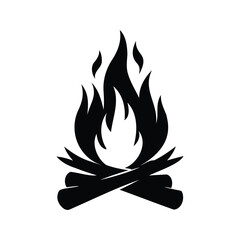 Simple black and white bonfire illustration with stacked wood and flames, campfire flame icon silhouette vector illustration
