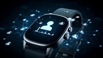 A modern smartwatch displays a user profile icon amidst a network of connected user icons, illustrating digital connectivity. - Powered by Adobe