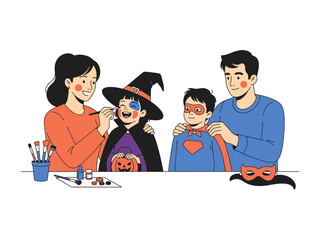 Halloween family joy: A heartwarming scene of a family preparing for Halloween festivities, the mother skillfully applies face paint to her daughter, dressed as a witch.
