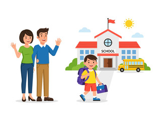 School bound boy and caring parents: A young student walks happily towards his school as his supportive parent wave at him, creating a heartwarming scene of education and family support. 