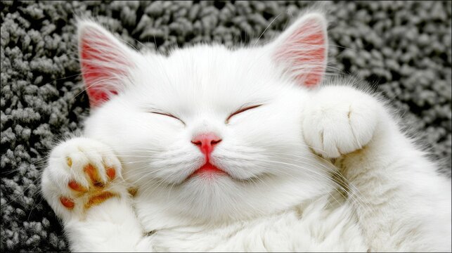 Cute sleeping white cat on cozy gray blanket