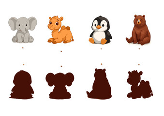 Fototapeta premium Cute animal cartoon characters with silhouettes on white background 