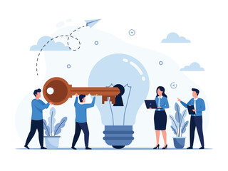 Business team unlocking a lightbulb with a key, symbolizing innovation and problem-solving.
