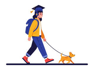 Graduation Adventure: A young graduate joyfully walks their playful canine companion. Ready for new experiences, they exude optimism and youthful energy