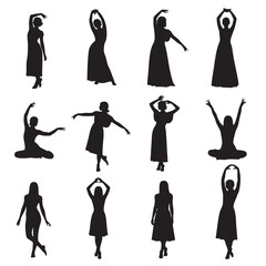 Obraz premium Collection of twelve black silhouettes of women in elegant dresses in various graceful poses