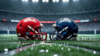 Red and blue football helmets facing each other on stadium field turf under bright arena lights - Powered by Adobe