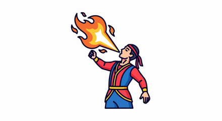 Fire Eater Performer Blowing Flames, Circus Act Illustration.