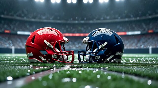 Red and blue football helmets facing each other on stadium field turf under bright arena lights