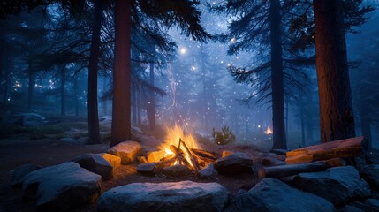Magical forest campfire scene with glowing embers and mystical ambiance at twilight