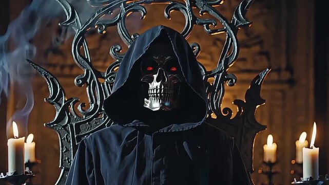 Dark hooded figure with skull mask and glowing red eyes sitting on an ornate gothic throne surrounded by candlelight and smoke