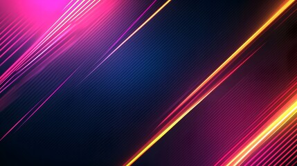 Vibrant diagonal lines of glowing neon pink and yellow light streaks against a dark background create a dynamic and energetic design.