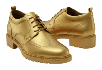 Stylish golden brogue shoes fashion studio product urban setting trendy footwear isolated PNG