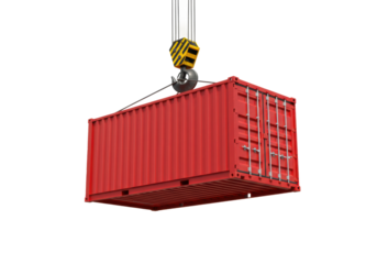 Heavy equipment lifting red shipping container at port industrial setting aerial logistics concept isolated PNG