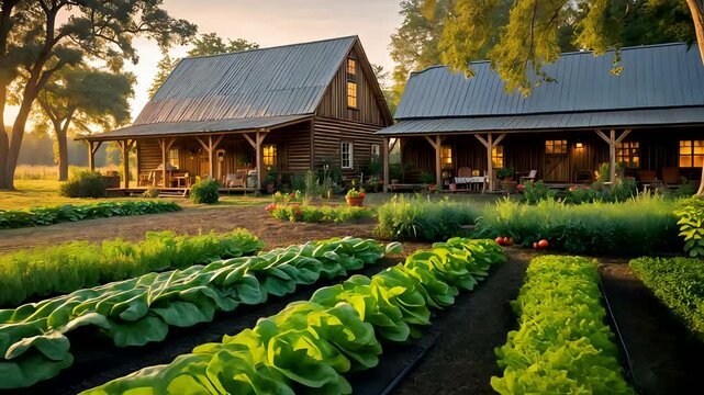 Wooden farmhouse with lush vegetable garden rows in warm evening sunlight surrounded by green trees