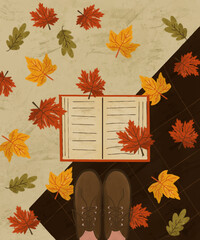 Autumn Literary Serenity: A person's feet are positioned with an open book amid a vibrant tapestry of autumn leaves, inviting a sense of peaceful reading.