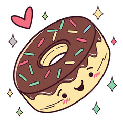Vector art of a happy chocolate donut with sprinkles and a kawaii face surrounded by sparkles