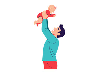 Joyful Elevation: An adorable baby is joyfully elevated skyward by his loving father, creating a touching scene of familial bond and shared happiness.