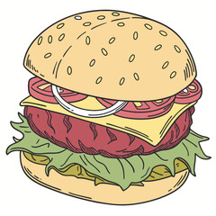 Vector art of colorful burger illustration, a delicious hamburger with cheese, tomato, lettuce and onion