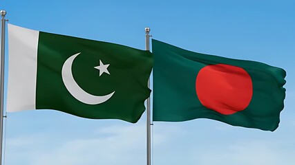 Pakistan and bangladesh flags waving in the sky