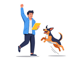 A Playful Bond: A dynamic illustration captures a joyful interaction between a man and his canine companion, as they engage in a lively game, emphasizing the connection between pet and owner.