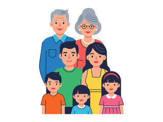 Happy Family Portrait: A heartwarming illustration of a multi-generational family, exuding warmth, love, and togetherness, showcasing a family bond.