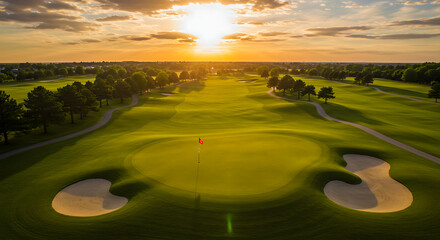 Picturesque golf course at sunset, featuring vibrant green fairways and a serene, scenic landscape.
