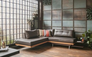 Corner sofa positioned near a grid window and grunge stone panel wall, creating a unique interior design for a modern living room, Generative AI